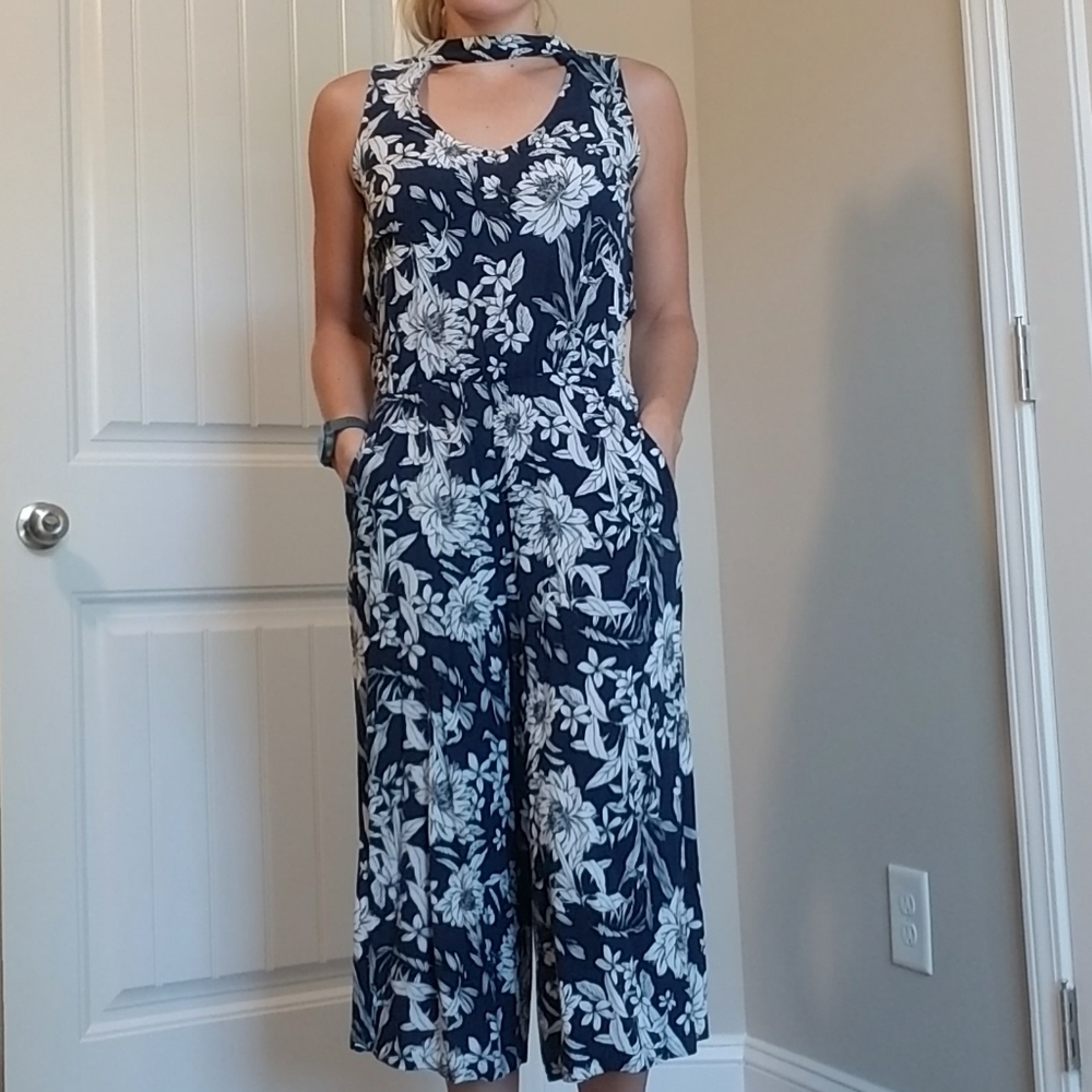 Blue and white floral jumpsuit
